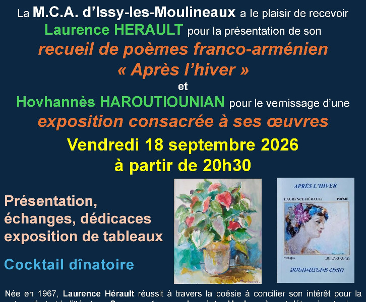 Présentation du recueil de poèmes franco-arménien « Après l’hiver » de Laurence HERAULT et vernissage d’une exposition consacrée aux œuvres du peintre Hovhannès HAROUTIOUNIAN