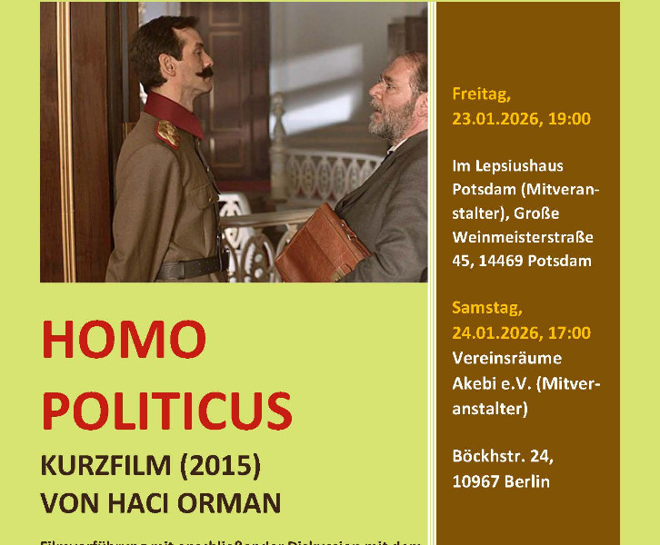Homo Politicus: Kurzfilm (2015): Filmvorführung und Diskussion über Möglichkeiten und Herausforderungen ziviler Hilfe unter Kriegs- und Genozidbedingungen