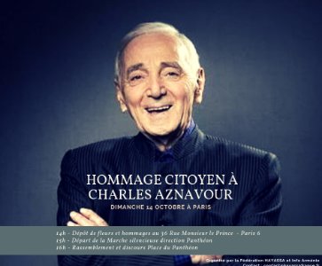 Info Arménie, et la Fédération HAYASSA, invitent tous les citoyens à un Hommage Citoyen à Charles Aznavour le Dimanche 14 Octobre à Paris.