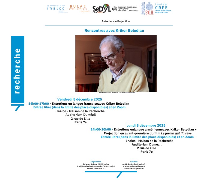 Rencontres avec Krikor Beledian : vendredi 5 et lundi 8 décembre 2025